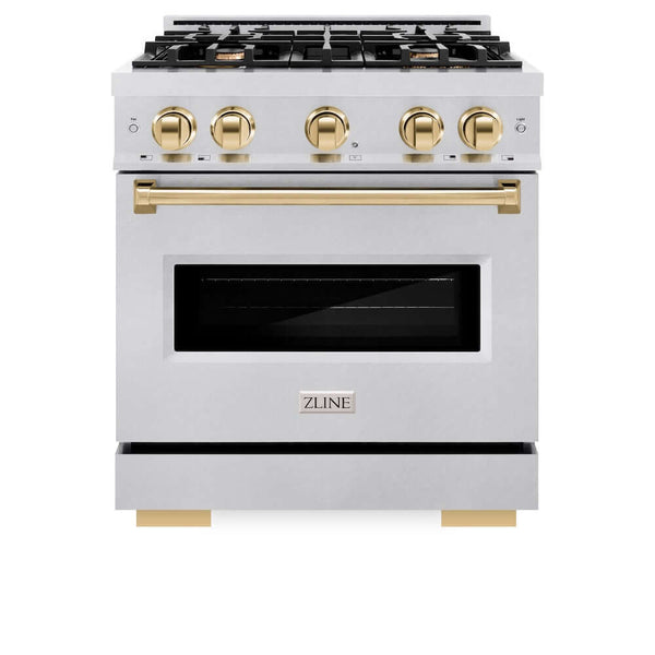 ZLINE Autograph Edition 30 in. 4.2 cu. ft. Classic Gas Range with 4 Burner Cooktop and Convection Gas Oven in Satin Stainless Steel and Polished Gold Accents, Open Box-Good Condition