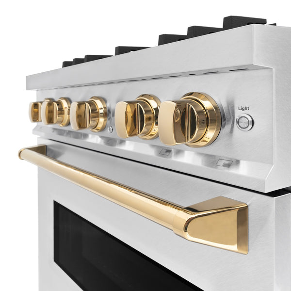 ZLINE Autograph Edition 30 in. 4.2 cu. ft. Classic Gas Range with 4 Burner Cooktop and Convection Gas Oven in Satin Stainless Steel and Polished Gold Accents, Open Box-Great Condition