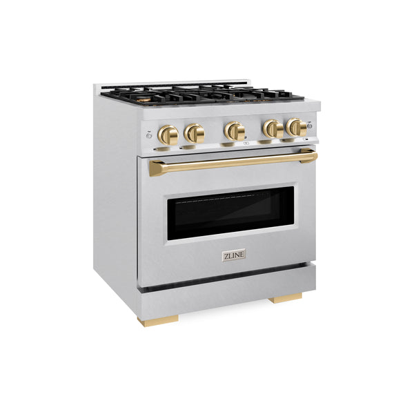 ZLINE Autograph Edition 30 in. 4.2 cu. ft. Classic Gas Range with 4 Burner Cooktop and Convection Gas Oven in Satin Stainless Steel and Polished Gold Accents (CGRSZ-30-G)
