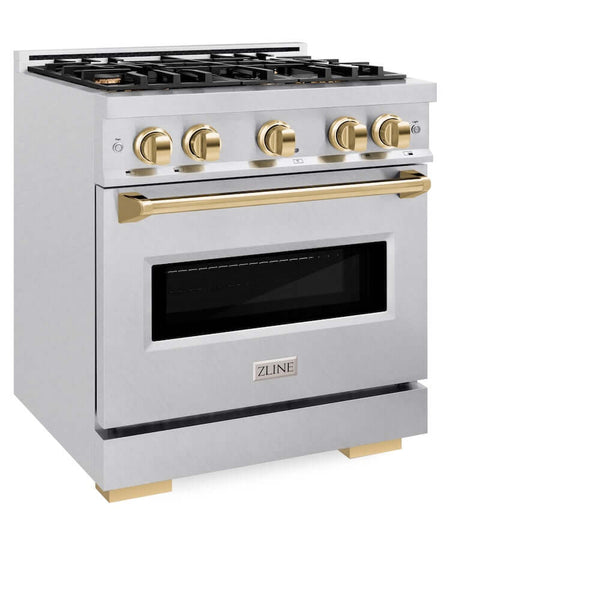 ZLINE Autograph Edition 30 in. 4.2 cu. ft. Classic Gas Range with 4 Burner Cooktop and Convection Gas Oven in Satin Stainless Steel and Polished Gold Accents, Open Box-Good Condition