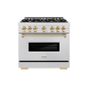 ZLINE Autograph Edition 36 in. 5.2 cu. ft. Classic Gas Range with 6 Burner Cooktop and Convection Gas Oven in Satin Stainless Steel and Polished Gold Accents, Open Box-Great Condition