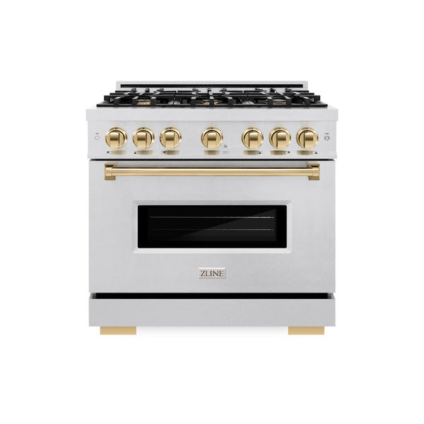 ZLINE Autograph Edition 36 in. 5.2 cu. ft. Classic Gas Range with 6 Burner Cooktop and Convection Gas Oven in Satin Stainless Steel and Polished Gold Accents, Open Box-Great Condition