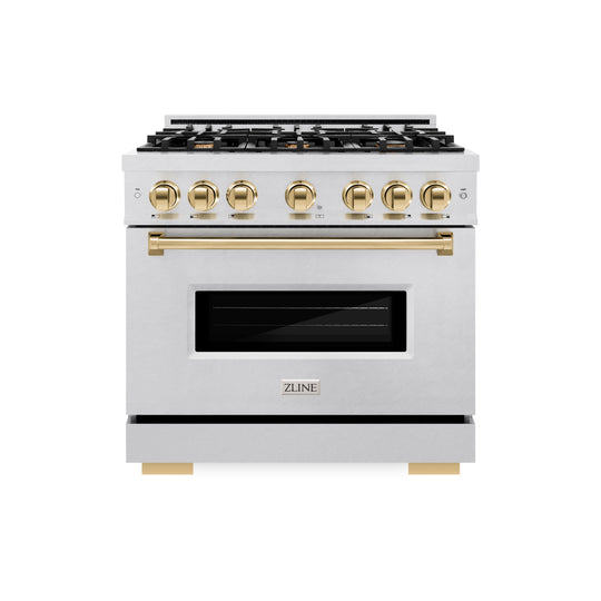 ZLINE Autograph Edition 36 in. 5.2 cu. ft. Classic Gas Range with 6 Burner Cooktop and Convection Gas Oven in Satin Stainless Steel and Polished Gold Accents (CGRSZ-36-G)