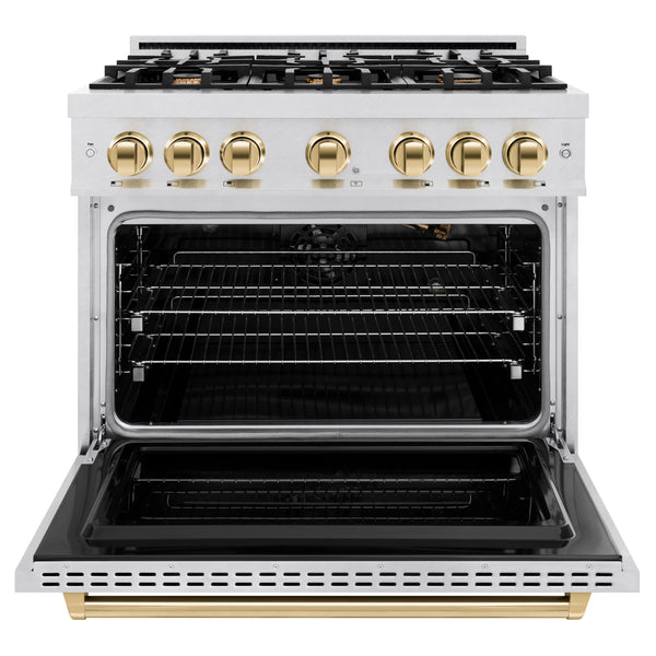 ZLINE Autograph Edition 36 in. 5.2 cu. ft. Classic Gas Range with 6 Burner Cooktop and Convection Gas Oven in Satin Stainless Steel and Polished Gold Accents (CGRSZ-36-G)