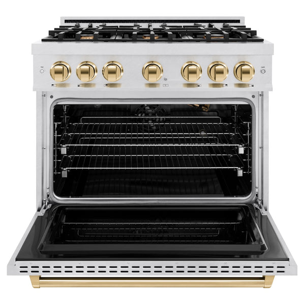 ZLINE Autograph Edition 36 in. 5.2 cu. ft. Classic Gas Range with 6 Burner Cooktop and Convection Gas Oven in Satin Stainless Steel and Polished Gold Accents, Open Box-Great Condition