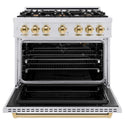 ZLINE Autograph Edition 36 in. 5.2 cu. ft. Classic Gas Range with 6 Burner Cooktop and Convection Gas Oven in Satin Stainless Steel and Polished Gold Accents, Open Box-Good Condition