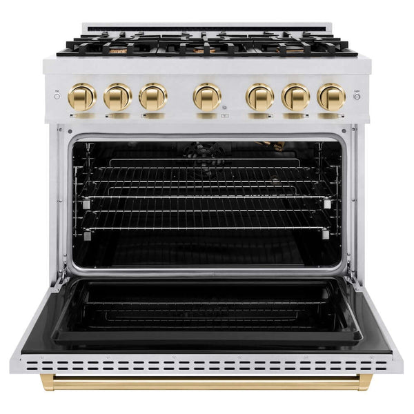 ZLINE Autograph Edition 36 in. 5.2 cu. ft. Classic Gas Range with 6 Burner Cooktop and Convection Gas Oven in Satin Stainless Steel and Polished Gold Accents, Open Box-Good Condition