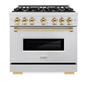 ZLINE Autograph Edition 36 in. 5.2 cu. ft. Classic Gas Range with 6 Burner Cooktop and Convection Gas Oven in Satin Stainless Steel and Polished Gold Accents, Open Box-Great Condition