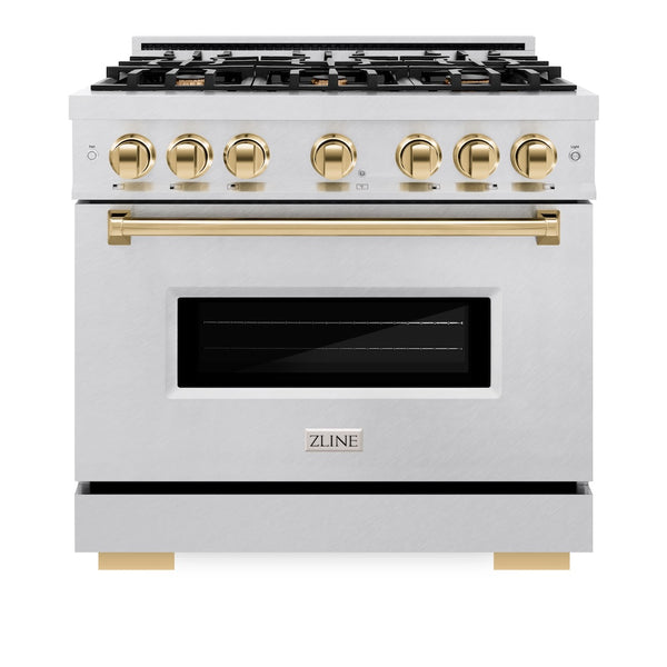 ZLINE Autograph Edition 36 in. 5.2 cu. ft. Classic Gas Range with 6 Burner Cooktop and Convection Gas Oven in Satin Stainless Steel and Polished Gold Accents, Open Box-Great Condition