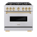 ZLINE Autograph Edition 36 in. 5.2 cu. ft. Classic Gas Range with 6 Burner Cooktop and Convection Gas Oven in Satin Stainless Steel and Polished Gold Accents, Open Box-Good Condition