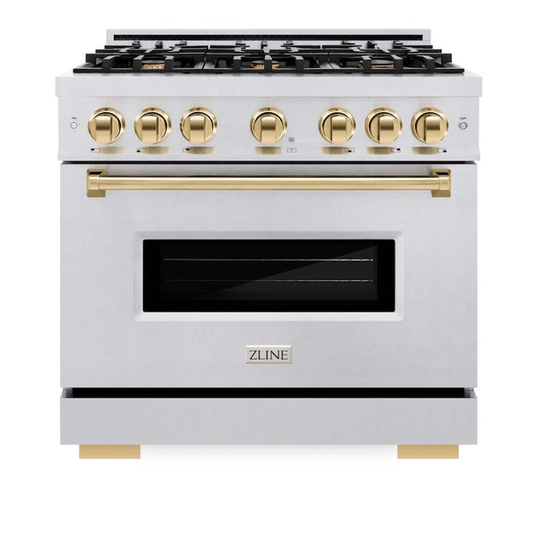 ZLINE Autograph Edition 36 in. 5.2 cu. ft. Classic Gas Range with 6 Burner Cooktop and Convection Gas Oven in Satin Stainless Steel and Polished Gold Accents, Open Box-Good Condition