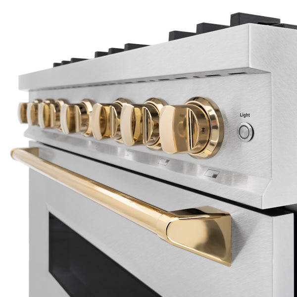 ZLINE Autograph Edition 36 in. 5.2 cu. ft. Classic Gas Range with 6 Burner Cooktop and Convection Gas Oven in Satin Stainless Steel and Polished Gold Accents, Open Box-Great Condition