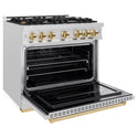ZLINE Autograph Edition 36 in. 5.2 cu. ft. Classic Gas Range with 6 Burner Cooktop and Convection Gas Oven in Satin Stainless Steel and Polished Gold Accents (CGRSZ-36-G)
