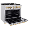 ZLINE Autograph Edition 36 in. 5.2 cu. ft. Classic Gas Range with 6 Burner Cooktop and Convection Gas Oven in Satin Stainless Steel and Polished Gold Accents, Open Box-Good Condition