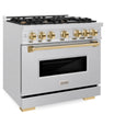 ZLINE Autograph Edition 36 in. 5.2 cu. ft. Classic Gas Range with 6 Burner Cooktop and Convection Gas Oven in Satin Stainless Steel and Polished Gold Accents (CGRSZ-36-G)