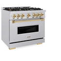 ZLINE Autograph Edition 36 in. 5.2 cu. ft. Classic Gas Range with 6 Burner Cooktop and Convection Gas Oven in Satin Stainless Steel and Polished Gold Accents, Open Box-Good Condition