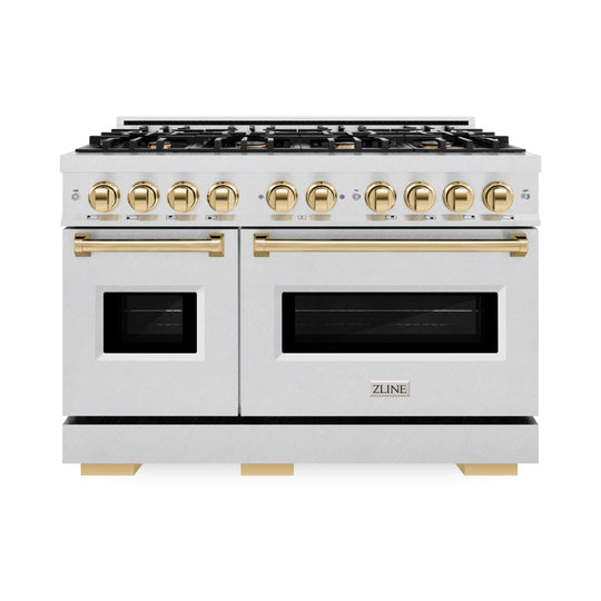 ZLINE Autograph Edition 48 in. 6.7 cu. ft. Classic Double Oven Gas Range with 8 Burner Cooktop in Satin Stainless Steel and Polished Gold Accents (CGRSZ-48-G)