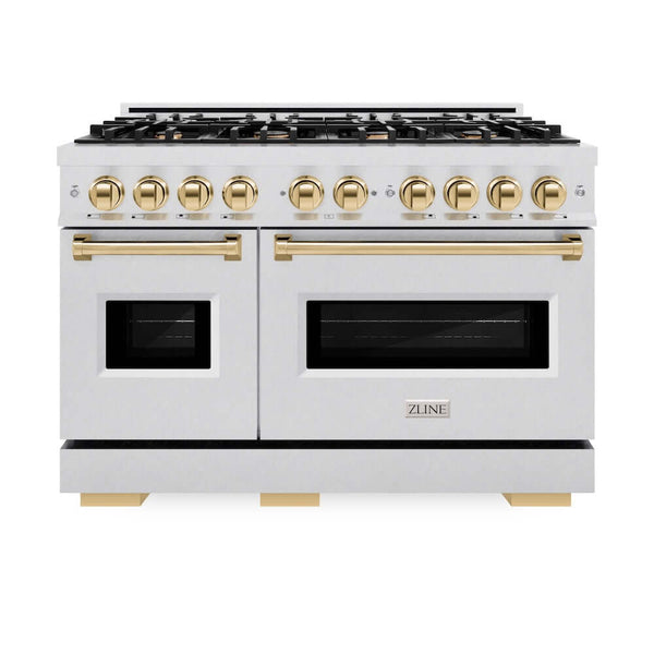 ZLINE Autograph Edition 48 in. 6.7 cu. ft. Classic Double Oven Gas Range with 8 Burner Cooktop in Satin Stainless Steel and Polished Gold Accents, Open Box-Good Condition