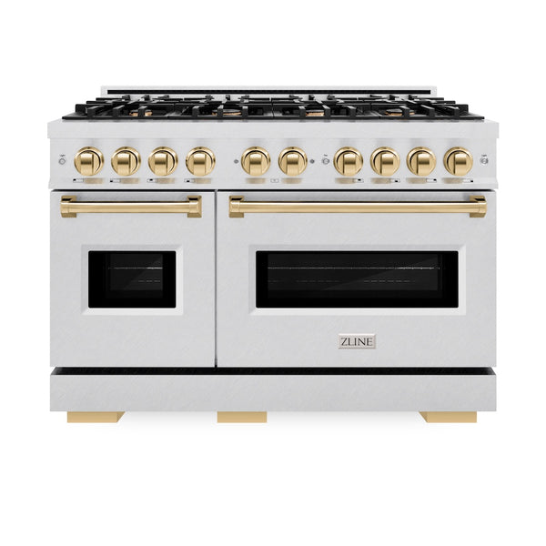 ZLINE Autograph Edition 48 in. 6.7 cu. ft. Classic Double Oven Gas Range with 8 Burner Cooktop in Satin Stainless Steel and Polished Gold Accents, Open Box-Great Condition