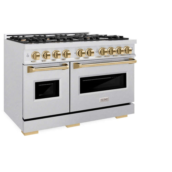 ZLINE Autograph Edition 48 in. 6.7 cu. ft. Classic Double Oven Gas Range with 8 Burner Cooktop in Satin Stainless Steel and Polished Gold Accents, Open Box-Good Condition