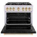 ZLINE Autograph Edition 36 in. 5.2 cu. ft. Classic Gas Range with 6 Burner Cooktop and Convection Gas Oven in Satin Stainless Steel with Black Matte Door and Polished Gold Accents, Open Box-Good Condition