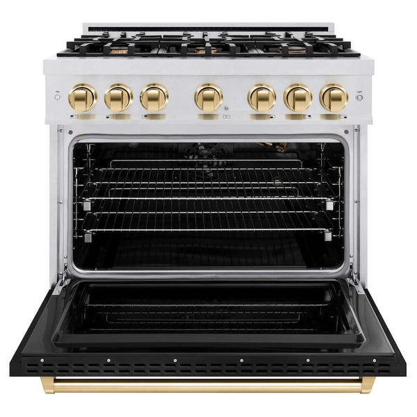 ZLINE Autograph Edition 36 in. 5.2 cu. ft. Classic Gas Range with 6 Burner Cooktop and Convection Gas Oven in Satin Stainless Steel with Black Matte Door and Polished Gold Accents, Open Box-Good Condition