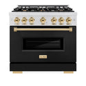 ZLINE Autograph Edition 36 in. 5.2 cu. ft. Classic Gas Range with 6 Burner Cooktop and Convection Gas Oven in Satin Stainless Steel with Black Matte Door and Polished Gold Accents, Open Box-Great Condition