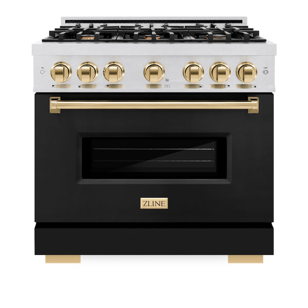 ZLINE Autograph Edition 36 in. 5.2 cu. ft. Classic Gas Range with 6 Burner Cooktop and Convection Gas Oven in Satin Stainless Steel with Black Matte Door and Polished Gold Accents, Open Box-Great Condition