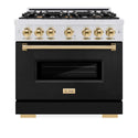 ZLINE Autograph Edition 36 in. 5.2 cu. ft. Classic Gas Range with 6 Burner Cooktop and Convection Gas Oven in Satin Stainless Steel with Black Matte Door and Polished Gold Accents, Open Box-Good Condition