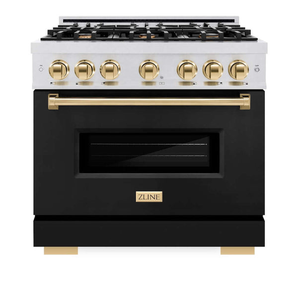 ZLINE Autograph Edition 36 in. 5.2 cu. ft. Classic Gas Range with 6 Burner Cooktop and Convection Gas Oven in Satin Stainless Steel with Black Matte Door and Polished Gold Accents, Open Box-Good Condition