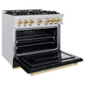 ZLINE Autograph Edition 36 in. 5.2 cu. ft. Classic Gas Range with 6 Burner Cooktop and Convection Gas Oven in Satin Stainless Steel with Black Matte Door and Polished Gold Accents, Open Box-Good Condition