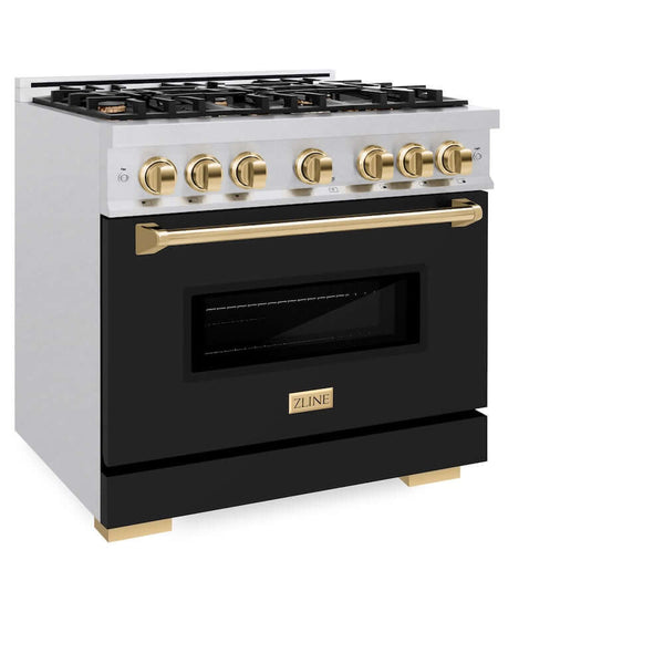 ZLINE Autograph Edition 36 in. 5.2 cu. ft. Classic Gas Range with 6 Burner Cooktop and Convection Gas Oven in Satin Stainless Steel with Black Matte Door and Polished Gold Accents, Open Box-Good Condition
