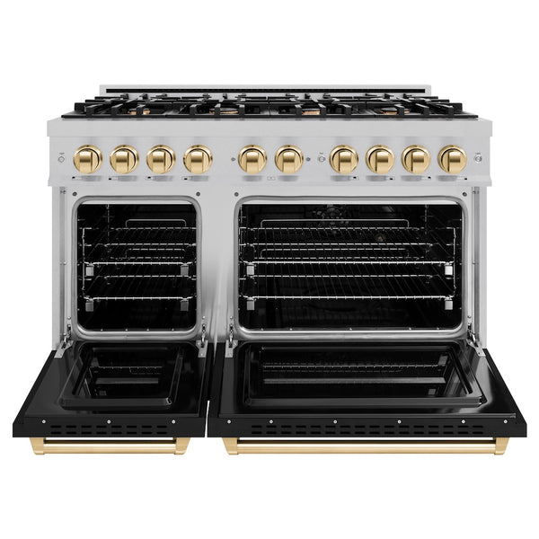 ZLINE Autograph Edition 48 in. 6.7 cu. ft. Classic Double Oven Gas Range with 8 Burner Cooktop in Satin Stainless Steel with Black Matte Doors and Polished Gold Accents, Open Box-Great Condition