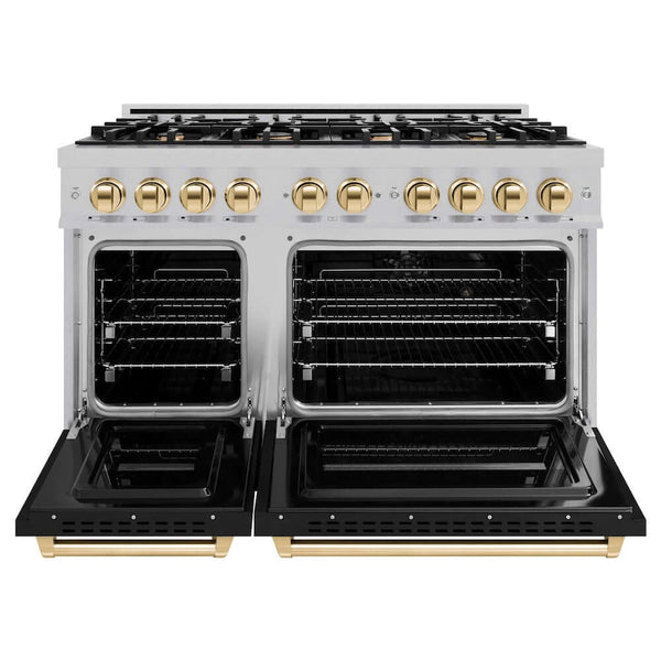 ZLINE Autograph Edition 48 in. 6.7 cu. ft. Classic Double Oven Gas Range with 8 Burner Cooktop in Satin Stainless Steel with Black Matte Doors and Polished Gold Accents, Open Box-Good Condition
