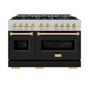 ZLINE Autograph Edition 48 in. 6.7 cu. ft. Classic Double Oven Gas Range with 8 Burner Cooktop in Satin Stainless Steel with Black Matte Doors and Polished Gold Accents, Open Box-Great Condition