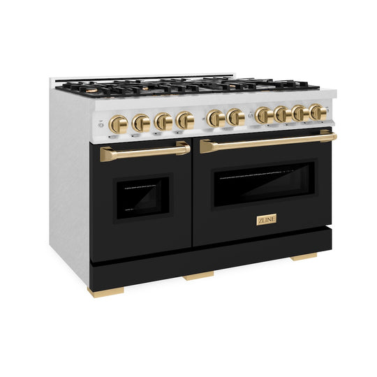 ZLINE Autograph Edition 48 in. 6.7 cu. ft. Classic Double Oven Gas Range with 8 Burner Cooktop in Satin Stainless Steel with Black Matte Doors and Polished Gold Accents, Open Box-Great Condition