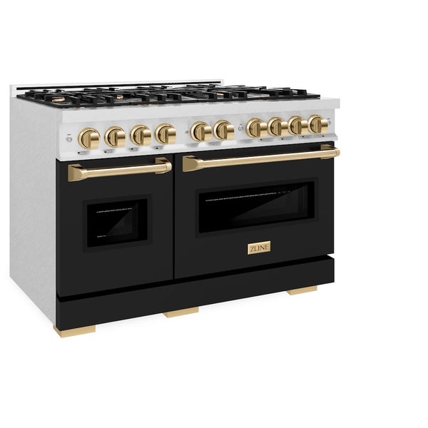 ZLINE Autograph Edition 48 in. 6.7 cu. ft. Classic Double Oven Gas Range with 8 Burner Cooktop in Satin Stainless Steel with Black Matte Doors and Polished Gold Accents, Open Box-Great Condition