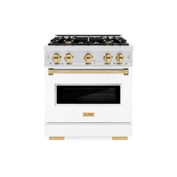 ZLINE Autograph Edition 30 in. 4.2 cu. ft. Classic Gas Range with 4 Burner Cooktop and Convection Gas Oven in Satin Stainless Steel with White Matte Door and Polished Gold Accents (CGRSZ-WM-30-G)