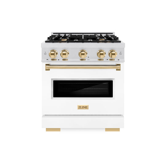 ZLINE Autograph Edition 30 in. 4.2 cu. ft. Classic Gas Range with 4 Burner Cooktop and Convection Gas Oven in Satin Stainless Steel with White Matte Door and Polished Gold Accents (CGRSZ-WM-30-G)