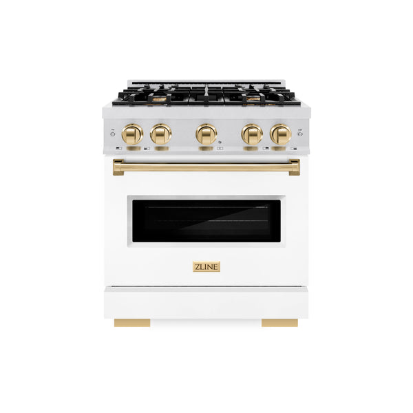 ZLINE Autograph Edition 30 in. 4.2 cu. ft. Classic Gas Range with 4 Burner Cooktop and Convection Gas Oven in Satin Stainless Steel with White Matte Door and Polished Gold Accents (CGRSZ-WM-30-G)
