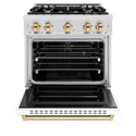 ZLINE Autograph Edition 30 in. 4.2 cu. ft. Classic Gas Range with 4 Burner Cooktop and Convection Gas Oven in Satin Stainless Steel with White Matte Door and Polished Gold Accents, Open Box-Great Condition
