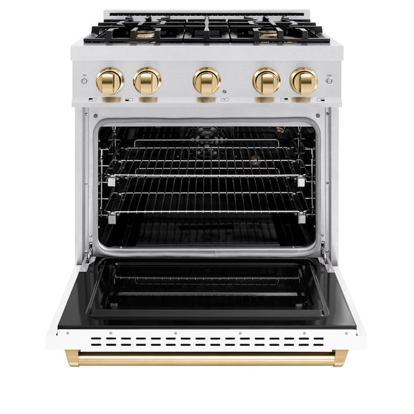 ZLINE Autograph Edition 30 in. 4.2 cu. ft. Classic Gas Range with 4 Burner Cooktop and Convection Gas Oven in Satin Stainless Steel with White Matte Door and Polished Gold Accents, Open Box-Great Condition