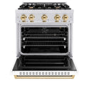 ZLINE Autograph Edition 30 in. 4.2 cu. ft. Classic Gas Range with 4 Burner Cooktop and Convection Gas Oven in Satin Stainless Steel with White Matte Door and Polished Gold Accents, Open Box-Good Condition