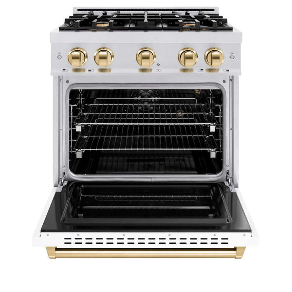 ZLINE Autograph Edition 30 in. 4.2 cu. ft. Classic Gas Range with 4 Burner Cooktop and Convection Gas Oven in Satin Stainless Steel with White Matte Door and Polished Gold Accents, Open Box-Good Condition