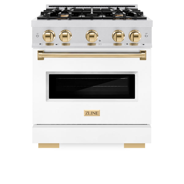 ZLINE Autograph Edition 30 in. 4.2 cu. ft. Classic Gas Range with 4 Burner Cooktop and Convection Gas Oven in Satin Stainless Steel with White Matte Door and Polished Gold Accents, Open Box-Great Condition