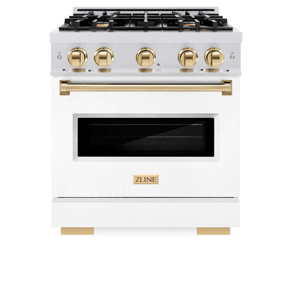 ZLINE Autograph Edition 30 in. 4.2 cu. ft. Classic Gas Range with 4 Burner Cooktop and Convection Gas Oven in Satin Stainless Steel with White Matte Door and Polished Gold Accents, Open Box-Good Condition