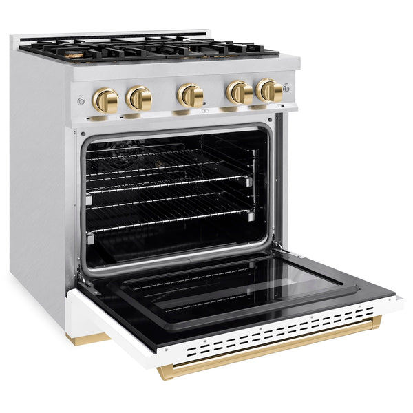 ZLINE Autograph Edition 30 in. 4.2 cu. ft. Classic Gas Range with 4 Burner Cooktop and Convection Gas Oven in Satin Stainless Steel with White Matte Door and Polished Gold Accents, Open Box-Great Condition