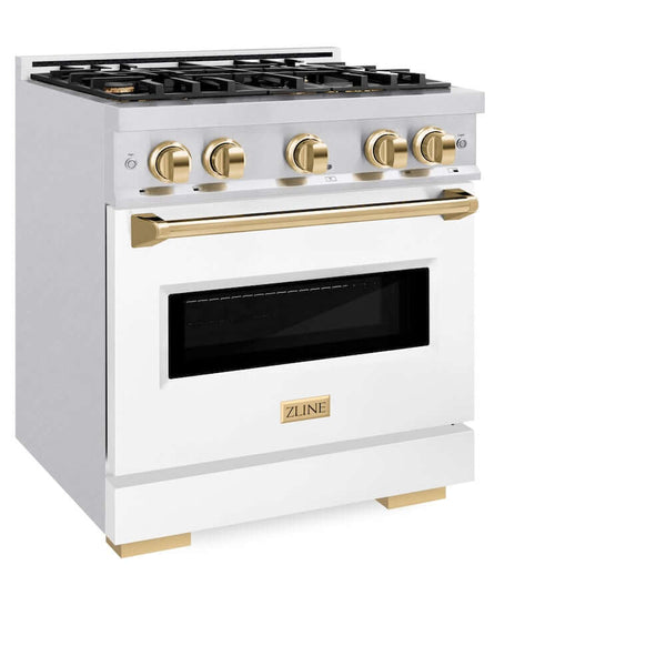 ZLINE Autograph Edition 30 in. 4.2 cu. ft. Classic Gas Range with 4 Burner Cooktop and Convection Gas Oven in Satin Stainless Steel with White Matte Door and Polished Gold Accents, Open Box-Good Condition