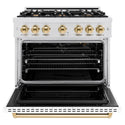 ZLINE Autograph Edition 36 in. 5.2 cu. ft. Classic Gas Range with 6 Burner Cooktop and Convection Gas Oven in Satin Stainless Steel with White Matte Door and Polished Gold Accents, Open Box-Great Condition