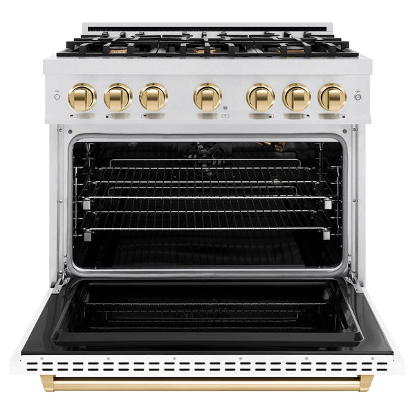 ZLINE Autograph Edition 36 in. 5.2 cu. ft. Classic Gas Range with 6 Burner Cooktop and Convection Gas Oven in Satin Stainless Steel with White Matte Door and Polished Gold Accents, Open Box-Great Condition